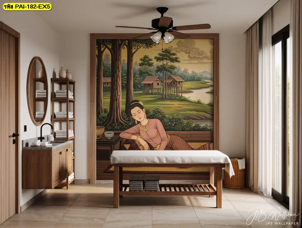 วอลเปเปอร์ติดผนังร้านสปาจากภาพวาดไทยตกแต่งผนังร้านนวด ช่วยเสริมบรรยากาศและตัวตนของร้านได้อย่างชัดเจน
