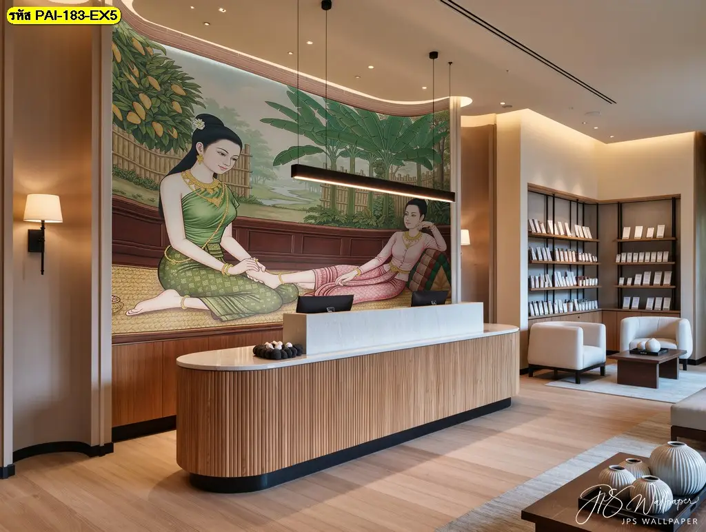 ภาพวาดผู้หญิงไทยนวดในรูปแบบภาพวาดไทยตกแต่งผนังร้านนวด ช่วยสร้างความรู้สึกผ่อนคลายและภาพจำตั้งแต่แรกเห็น
