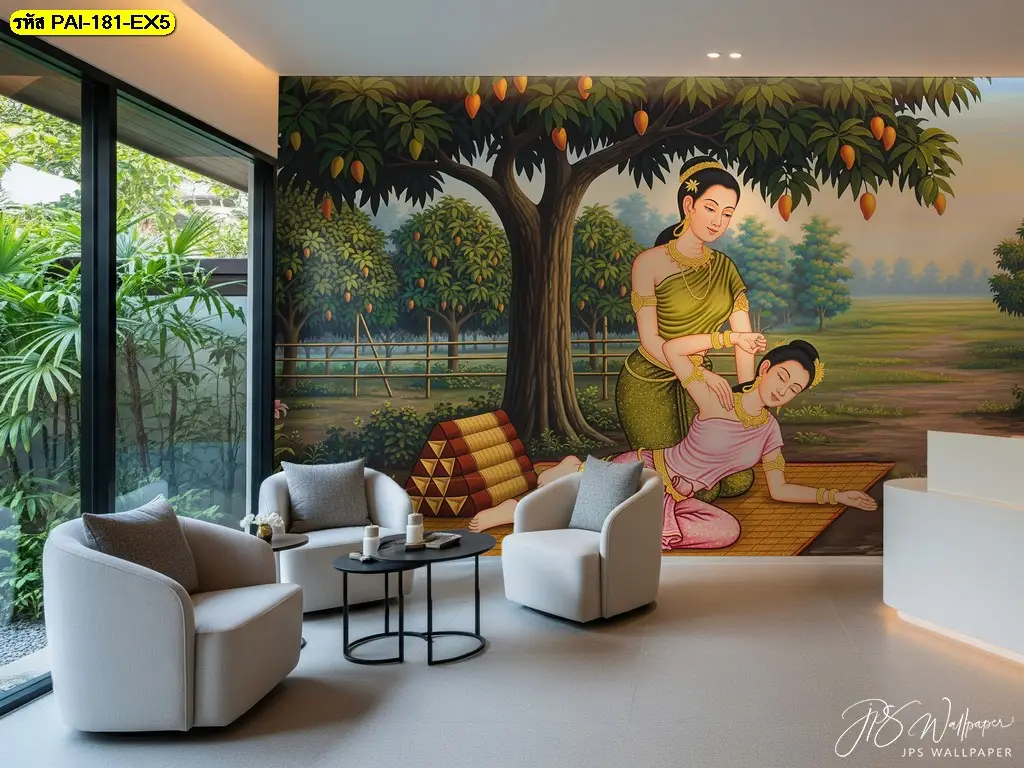 วอลเปเปอร์ห้องนวดสปาที่ใช้ภาพติดผนังสำหรับร้านนวดแผนโบราณ เป็นภาพตกแต่งร้านสปาแนวไทย สไตล์ massage and spa wall mural
