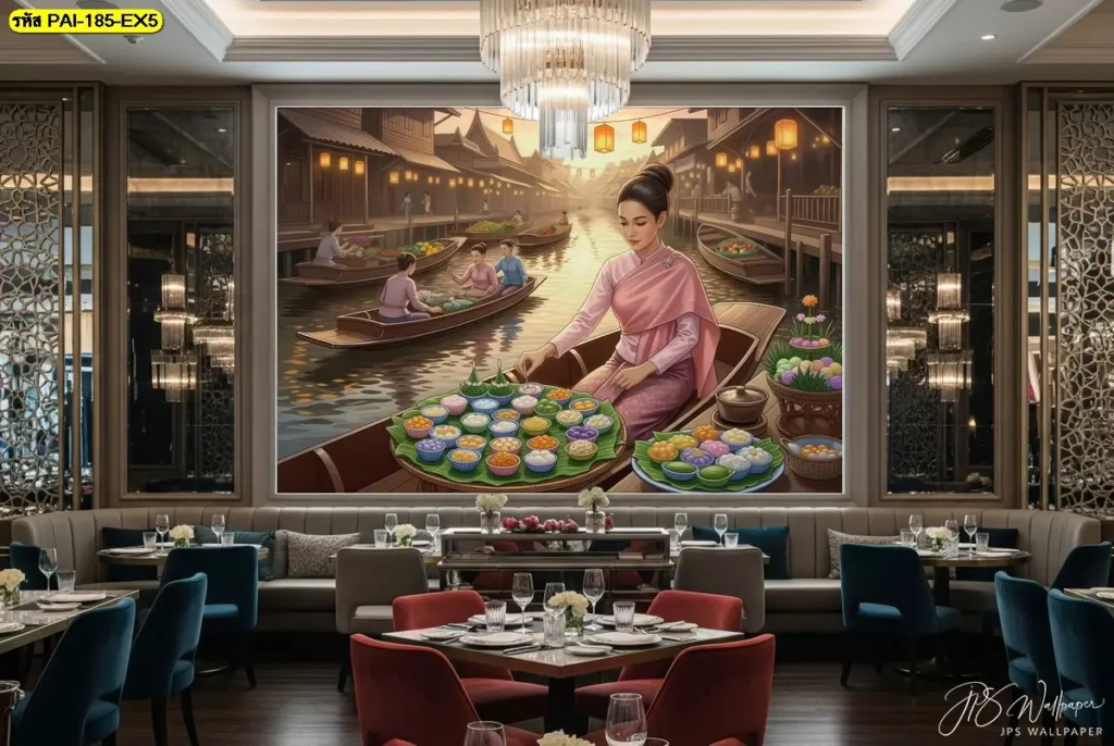 ภาพวาดแม่ค้าขายขนมไทยในตลาดน้ำ ถ่ายทอดวิถีชีวิตไทย ช่วยเพิ่มเสน่ห์ให้ร้านขนมไทยโบราณ
