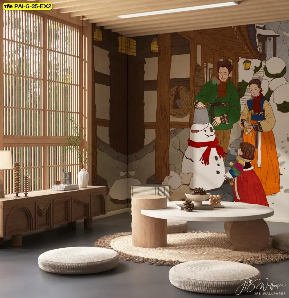 วอลเปเปอร์ร้านอาหารเกาหลี โทนสีสบายตา ช่วยลดความตึงของพื้นที่ภายในร้าน ภาพศิลปะแนวเกาหลีที่สื่อถึงความเรียบง่ายและความสงบของบรรยากาศร้าน
