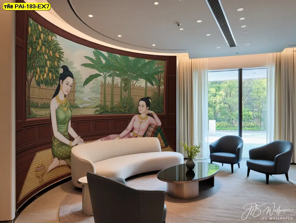 ภาพวาดไทยตกแต่งผนังร้านนวด ถ่ายทอดบรรยากาศผ่อนคลายอย่างมีความหมาย ออกแบบเป็นวอลเปเปอร์ติดผนังร้านสปาผลิตตามขนาดจริง
