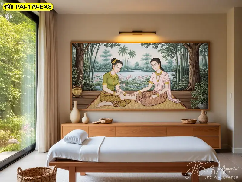 วอลเปเปอร์ร้านนวดลวดลายไทยร่วมสมัย สร้างมุมถ่ายรูปสวย เพิ่มภาพจำร้านด้วย Thai massage mural wallpaper โทนละมุน