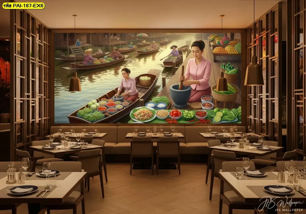 ภาพวอลเปเปอร์ติดผนังร้านส้มตำ ที่ช่วยยกระดับร้านให้ดูมีเรื่องราวและมีสไตล์ วอลเปเปอร์ตกแต่งร้านส้มตำ งานสั่งผลิตเฉพาะพื้นที่ ช่วยสร้างภาพลักษณ์ร้านอีสานยุคใหม่