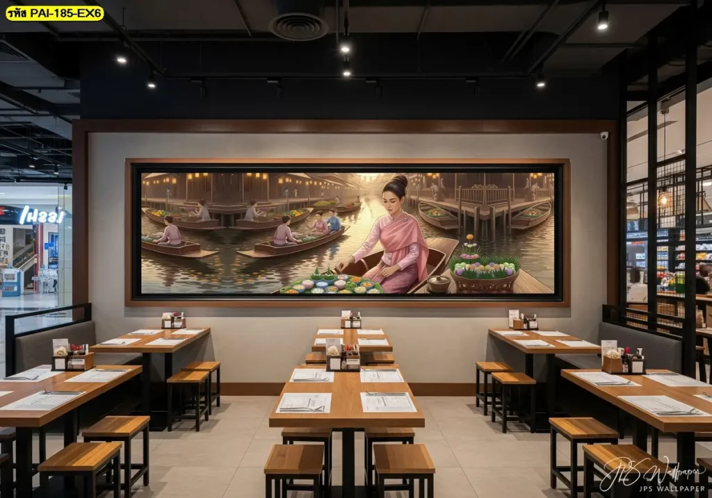 ภาพวาดไทยโบราณบนวอลเปเปอร์ร้านขนมไทย ช่วยให้ร้านดูมีเรื่องราวและน่าจดจำ
