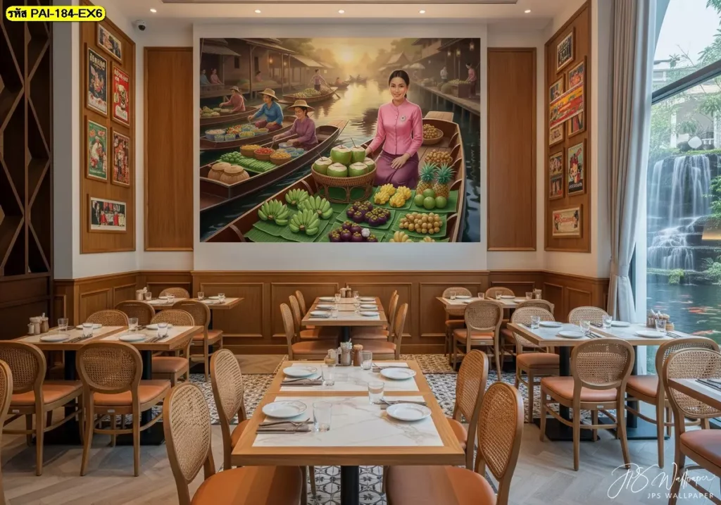 ภาพตลาดน้ำไทยกับผลไม้หลากสี วอลเปเปอร์ที่ช่วยเพิ่มความสดและความมีชีวิตให้ร้าน

