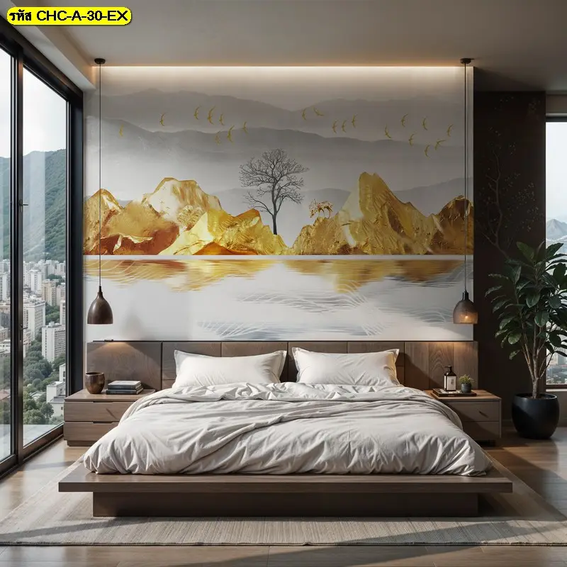 golden mountain wall mural สำหรับพื้นที่ที่ต้องการความเรียบหรูและไม่ฉูดฉาด วอลเปเปอร์ภูเขาสีทองที่ออกแบบเฉพาะพื้นที่จริง ไม่ซ้ำแบบทั่วไป
