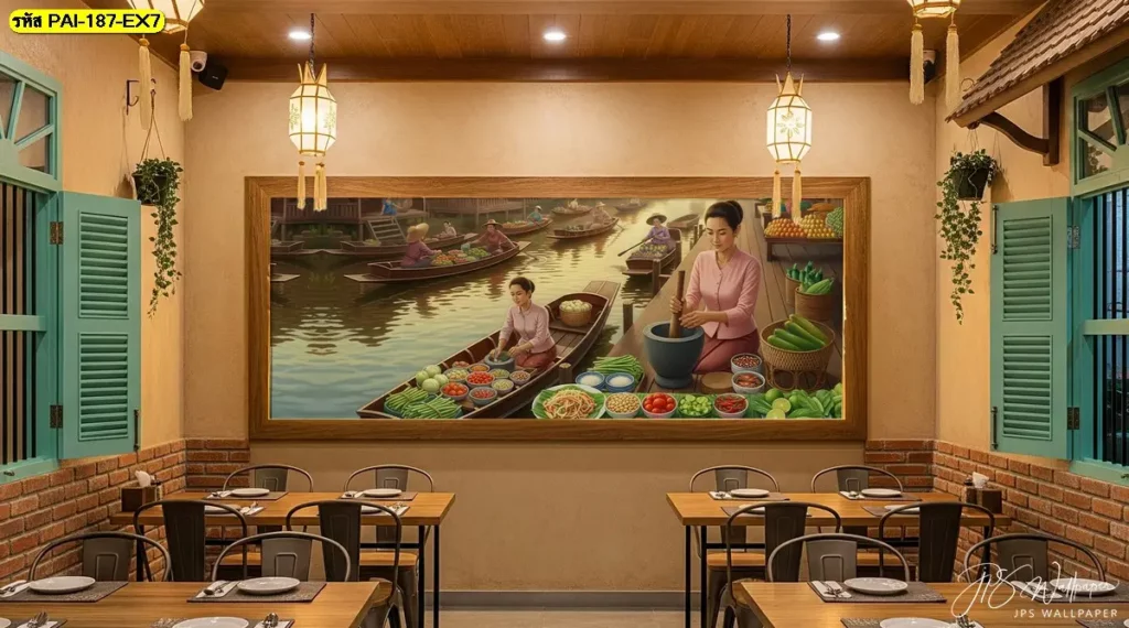 ภาพวอลเปเปอร์ร้านส้มตำ โทนสีอบอุ่น เหมาะกับร้านที่ต้องการบรรยากาศเป็นกันเอง วอลเปเปอร์ติดผนังร้านอาหารอีสาน ที่ผสานศิลปะพื้นถิ่นกับสไตล์ร่วมสมัยอย่างลงตัว
