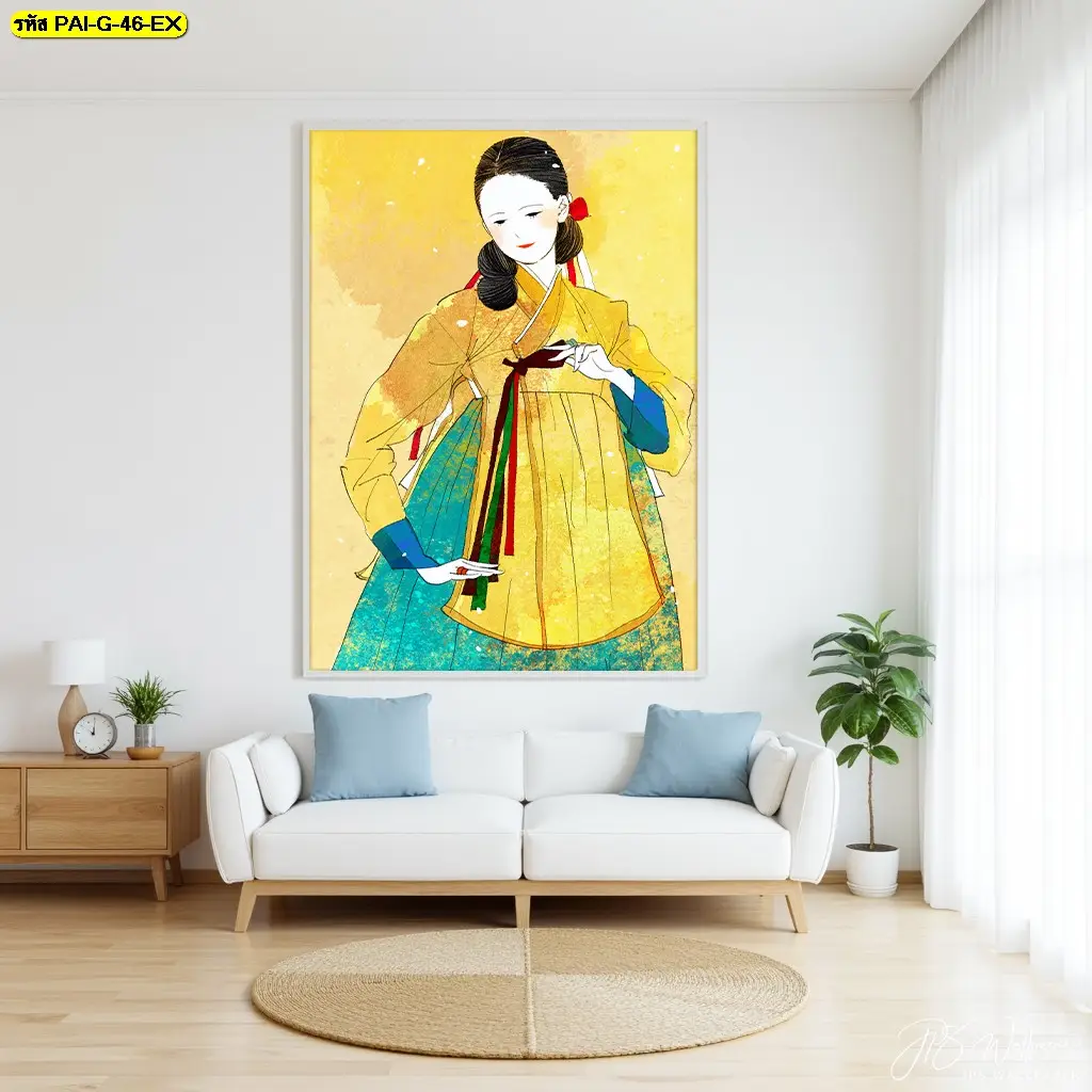 วอลเปเปอร์ร้านอาหารเกาหลี ภาพวาดหญิงเกาหลีใส่ชุดฮันบก ช่วยสร้างภาพจำให้ร้านตั้งแต่ลูกค้าเข้ามา Korean hanbok wall mural โทนสุภาพ ช่วยให้ร้านอาหารเกาหลีดูเป็นระเบียบและมีอัตลักษณ์
