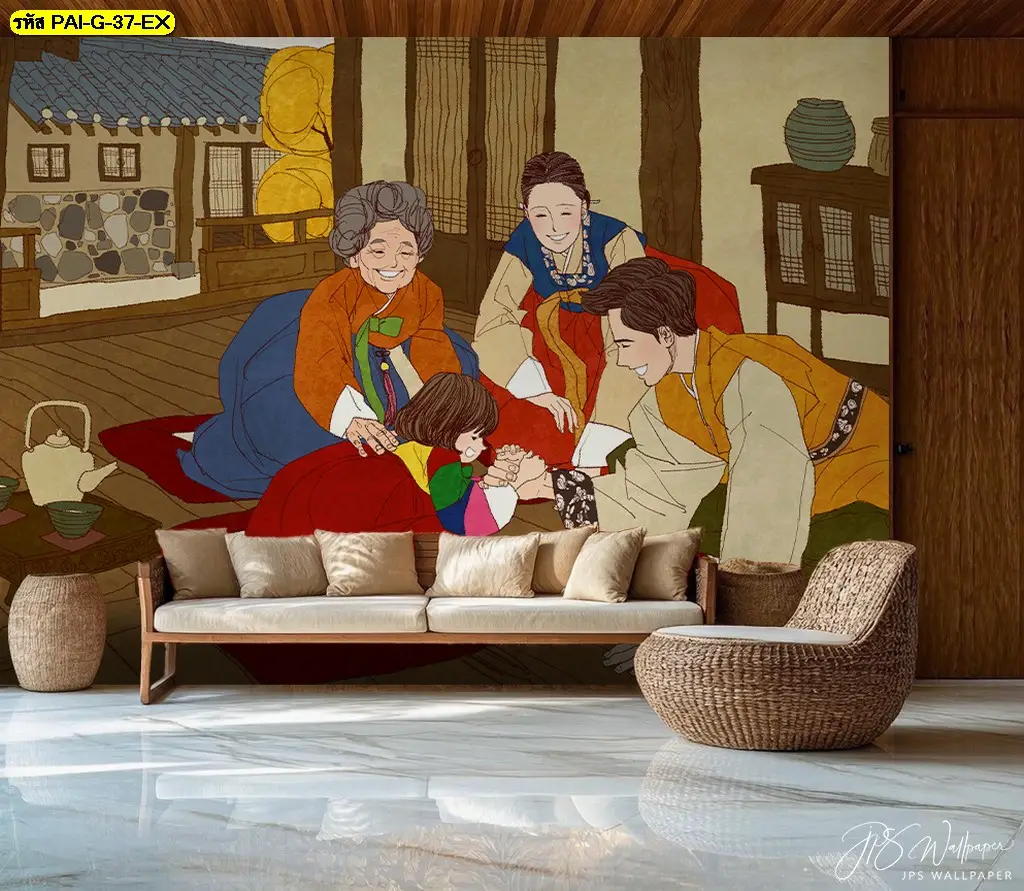 วอลเปเปอร์ร้านคาเฟ่เกาหลี โทนเอิร์ธโทน ที่ช่วยให้ร้านดูนุ่มและมีสไตล ภาพศิลปะแนวเกาหลีที่ช่วยให้ร้านอาหารดูน่าจดจำและสื่อบรรยากาศอย่างชัดเจน