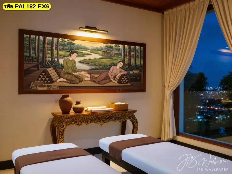 วอลเปเปอร์ร้านนวดดีไซน์เฉพาะพื้นที่ ลวดลายไทยร่วมสมัย ช่วยสร้างมุมถ่ายรูปและการจดจำร้านในระยะยาว