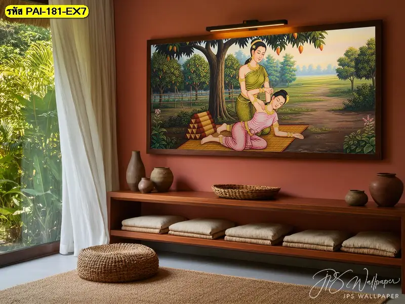 ภาพติดผนังสำหรับร้านนวดแผนโบราณในรูปแบบวอลเปเปอร์ห้องนวดสปา ถ่ายทอดภาพตกแต่งร้านสปาแนวไทย ผ่านงาน massage and spa wall mural
