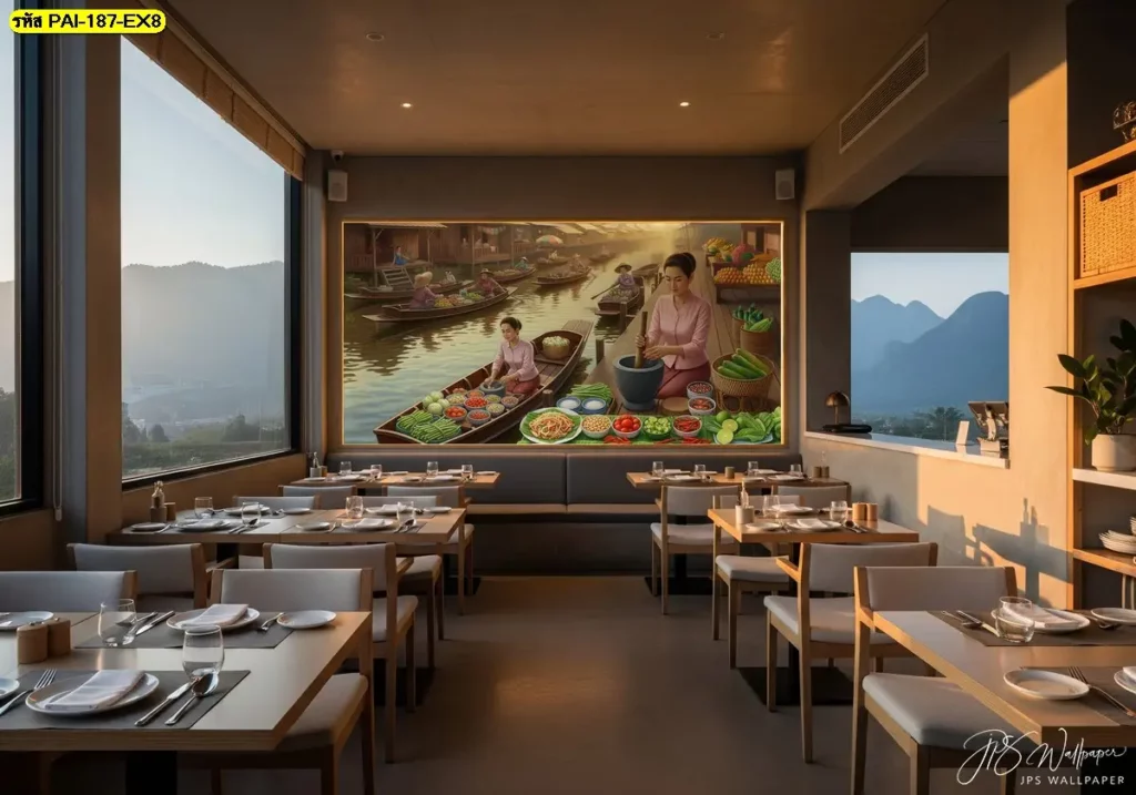 วอลเปเปอร์ตกแต่งร้านส้มตำ ที่ช่วยเล่าเรื่องวัฒนธรรมอีสานผ่านงานภาพบนผนังร้าน Wallpaper ร้านอาหารอีสาน ออกแบบตามขนาดผนังจริง ภาพพอดีและกลายเป็นจุดเด่นของร้าน
