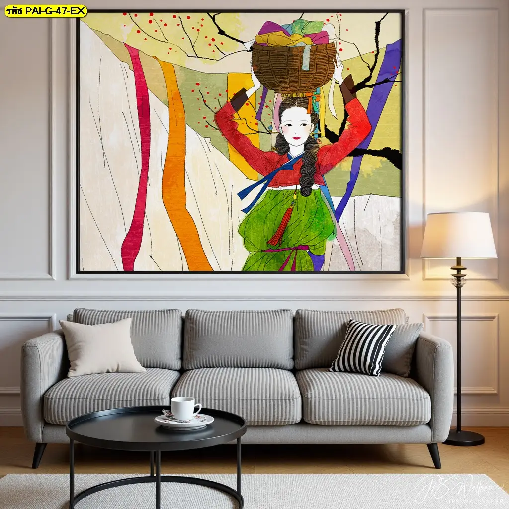 ภาพฮันบกศิลป์ร่วมสมัย วอลเปเปอร์ที่ช่วยให้ผนังร้านอาหารเกาหลีดูมีชีวิต วอลเปเปอร์ร้านอาหารเกาหลี โทนสุภาพ เรียบหรู เหมาะกับร้านอาหารและคาเฟ่
