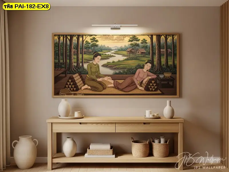 ภาพวาดไทยตกแต่งผนังร้านนวดที่เลือกโทนภาพอย่างตั้งใจ ช่วยสร้างบรรยากาศสงบและผ่อนคลายอย่างเป็นธรรมชาติ
