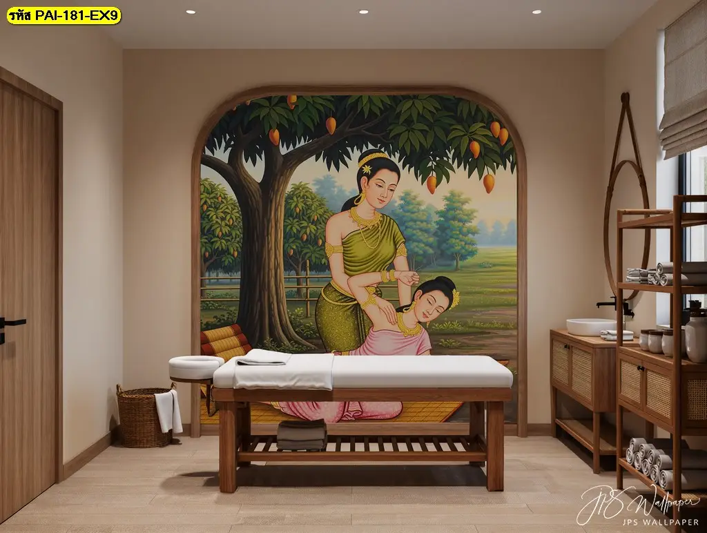 massage and spa wall mural ที่ออกแบบเป็นภาพติดผนังสำหรับร้านนวดแผนโบราณ ใช้ร่วมกับวอลเปเปอร์ห้องนวดสปาอย่างลงตัว
