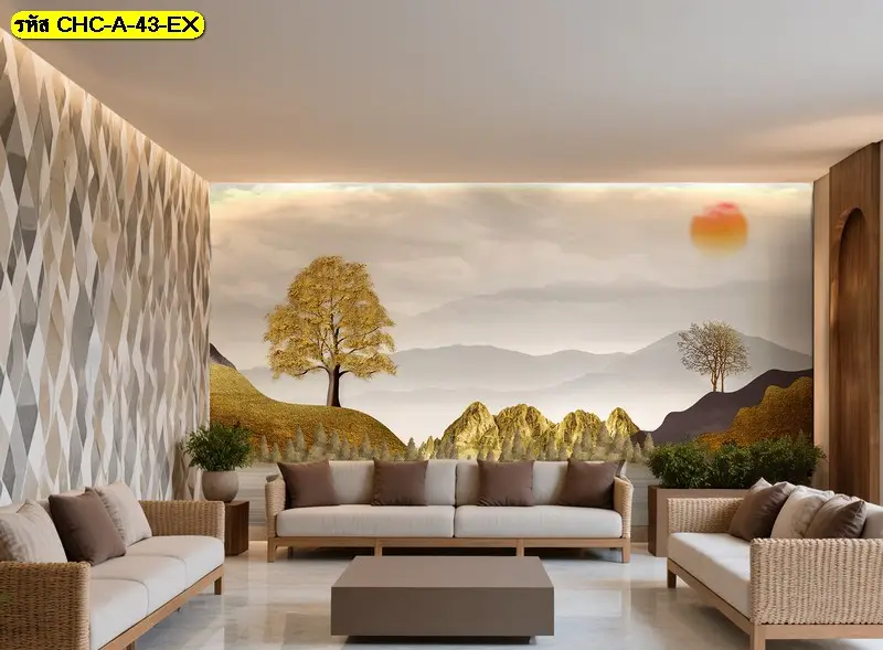 ภาพภูเขาโทนทองนุ่ม ช่วยสร้างความสมดุลระหว่างความหรูและความสงบ วอลเปเปอร์ภูเขาสไตล์จีน งานสั่งผลิตตามขนาดจริง เหมาะกับทุกสัดส่วนผนัง

