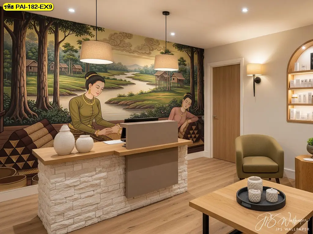 ภาพวาดผู้หญิงไทยนวดในงานภาพวาดไทยตกแต่งผนังร้านนวด ช่วยให้ลูกค้ารับรู้ความใส่ใจตั้งแต่วินาทีแรกที่เข้าร้าน
