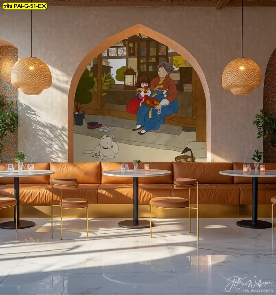 วอลเปเปอร์ร้านคาเฟ่เกาหลี ที่ใช้เส้นสายเรียบ ช่วยจัดสมดุลของพื้นที่ได้ดี ภาพศิลปะแนวเกาหลีที่ช่วยเชื่อมโยงบรรยากาศร้านกับความรู้สึกผ่อนคลาย
