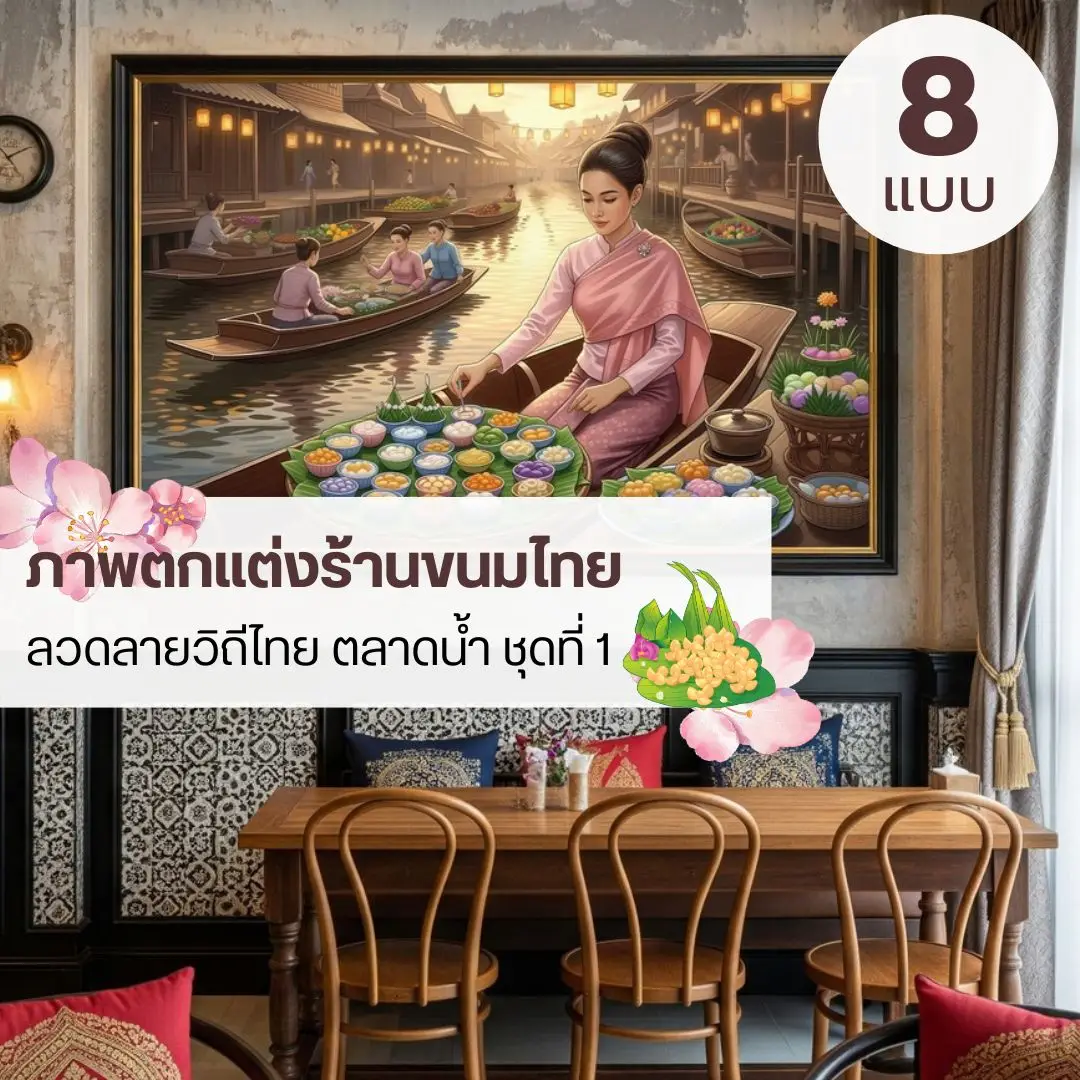 ภาพขนมไทยโบราณจัดวางอย่างประณีต ถ่ายทอดเสน่ห์อาหารไทยและบรรยากาศแบบดั้งเดิม ภาพวาดขนมไทยหลากชนิด สื่อถึงวัฒนธรรมไทยและความพิถีพิถันของงานอาหารพื้นถิ่น