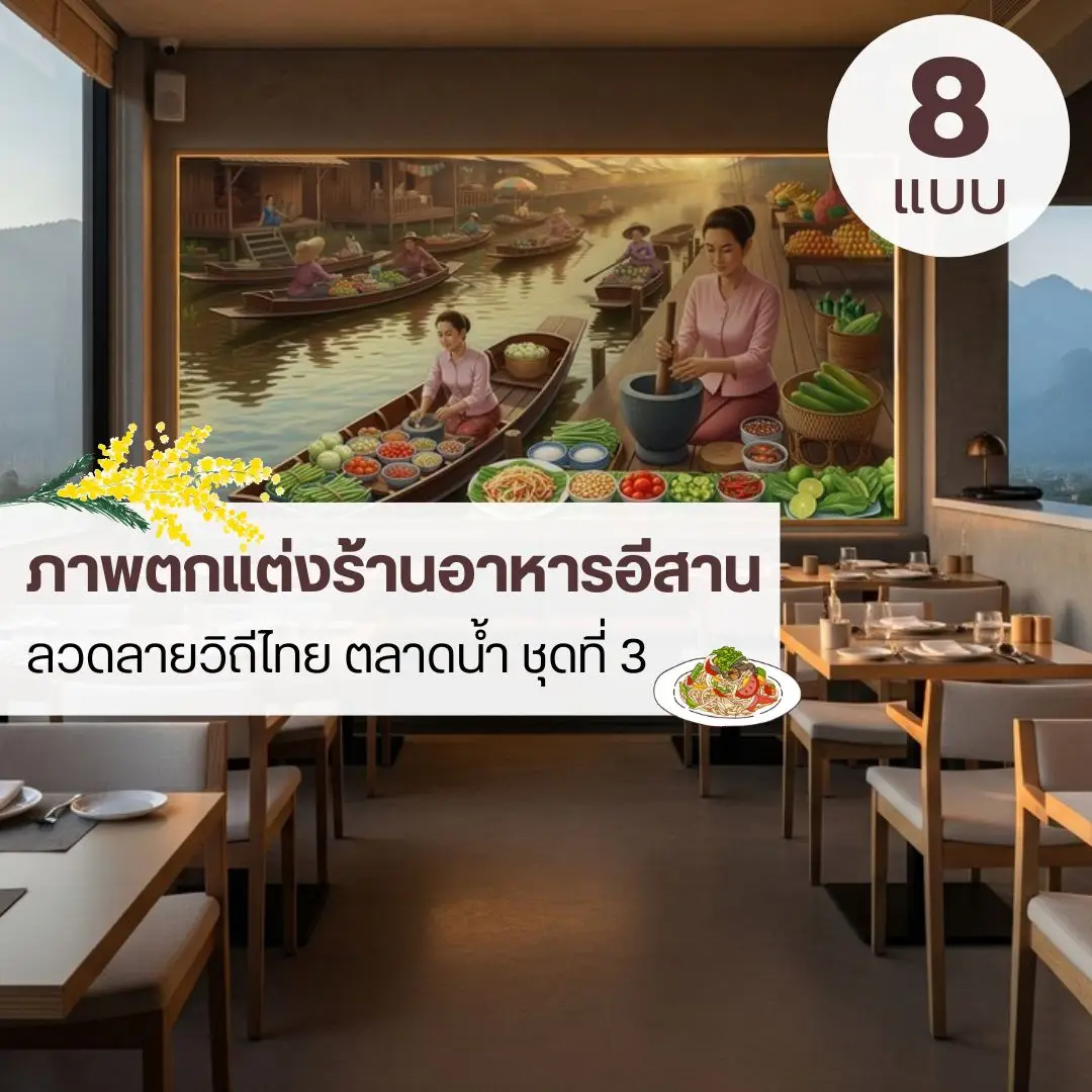 วอลเปเปอร์ตกแต่งร้านส้มตำ โทนอุ่น ถ่ายทอดบรรยากาศอีสานร่วมสมัย ช่วยให้ร้านดูน่านั่งมากขึ้น