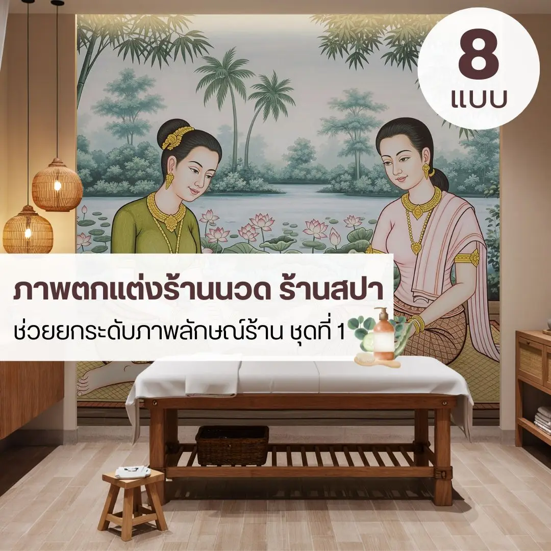 วอลเปเปอร์ร้านนวดไทย ลวดลายร่วมสมัย เสริมภาพลักษณ์ร้านให้ดูดีและน่าจดจำ ภาพนวดแผนไทยบนผนังร้าน โทนอ่อนสบาย สื่อถึงการพักผ่อนและความเป็นมืออาชีพ