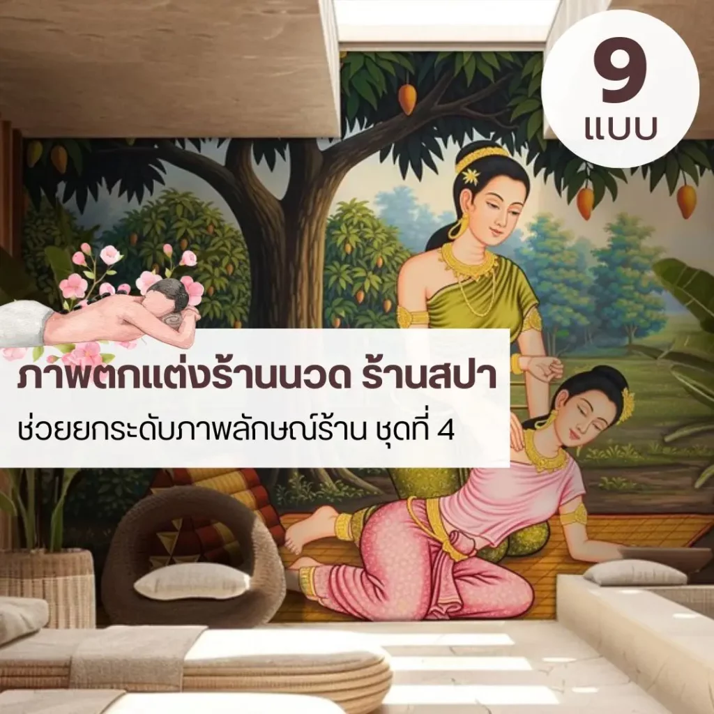 วอลเปเปอร์ลายนวดแผนไทย สำหรับร้านนวดและสปา ที่ต้องการภาพลักษณ์แบบไทยร่วมสมัย ภาพวอลเปเปอร์ร้านนวด โทนธรรมชาติ เหมาะกับพื้นที่พักผ่อนและการถ่ายภาพภายในร้าน