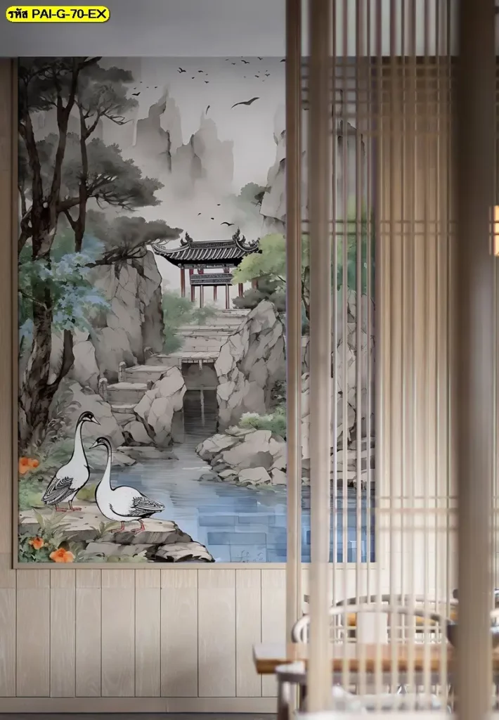 ภาพวาดเมืองเกาหลีโบราณในร้านอาหาร รับพิมพ์เป็นวอลเปเปอร์เกาหลีโบราณ และรับผลิตติดตั้งโดย JPS Wallpaper
