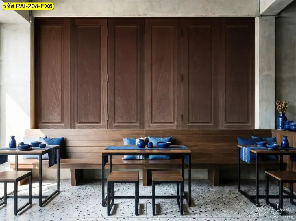 วอลเปเปอร์ลายไม้กรุผนังออกแบบให้ดูอบอุ่น รับพิมพ์และติดตั้งใช้งานได้ทั้งบ้านและร้านอาหาร
