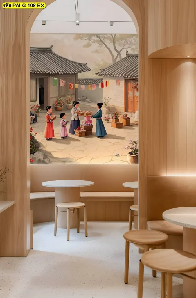 ภาพวาดวัฒนธรรมเกาหลีในรูปแบบ korean traditional painting wallpaper รับพิมพ์และรับผลิตติดตั้งโดย JPS Wallpaper
