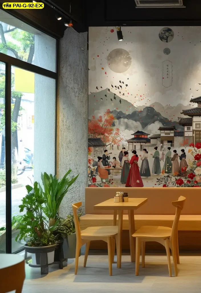 วอลเปเปอร์ร้านอาหารเกาหลีงานศิลป์ รับพิมพ์ตามแบบและรับผลิตติดตั้งโดย JPS Wallpaper เพื่อผนังที่พอดีกับพื้นที่จริง
