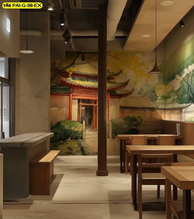 ภาพวาดเมืองเกาหลีโบราณบนผนังร้านอาหาร รับพิมพ์ตามขนาดจริง พร้อมรับผลิตติดตั้งโดย JPS Wallpaper
