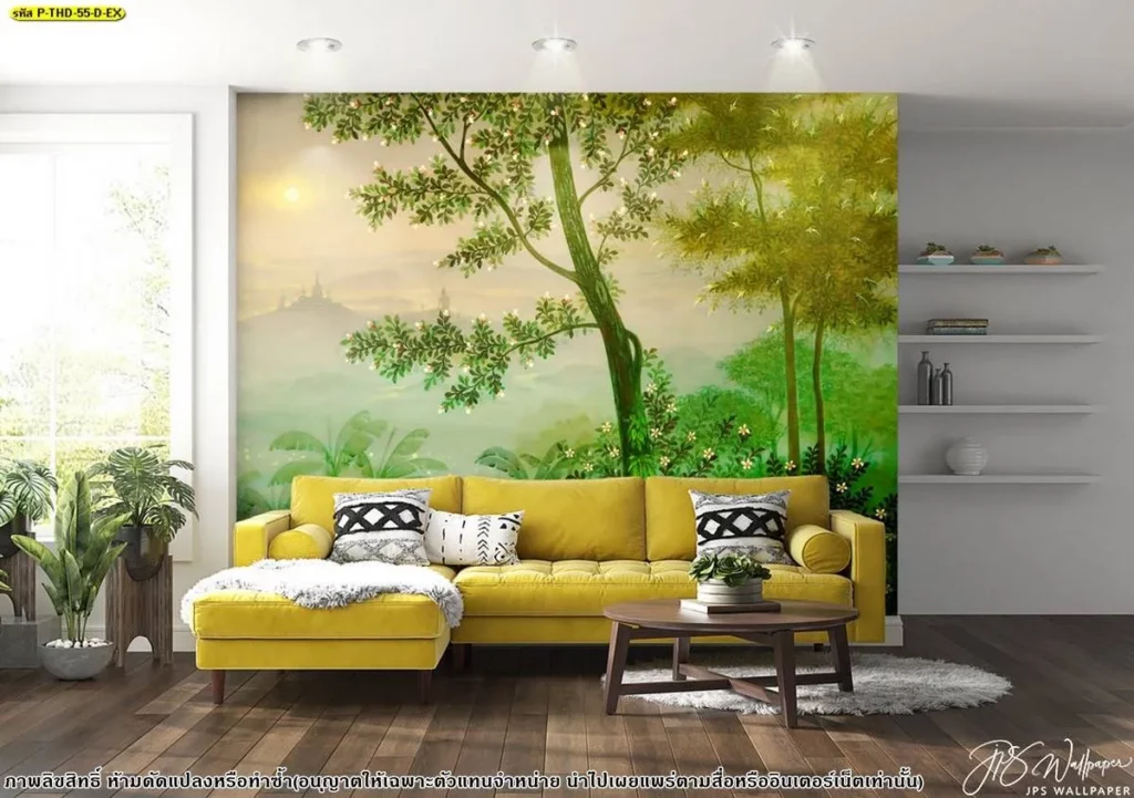 วอลเปเปอร์ไทยตกแต่งผนังห้องรับแขก ลายสวนป่า