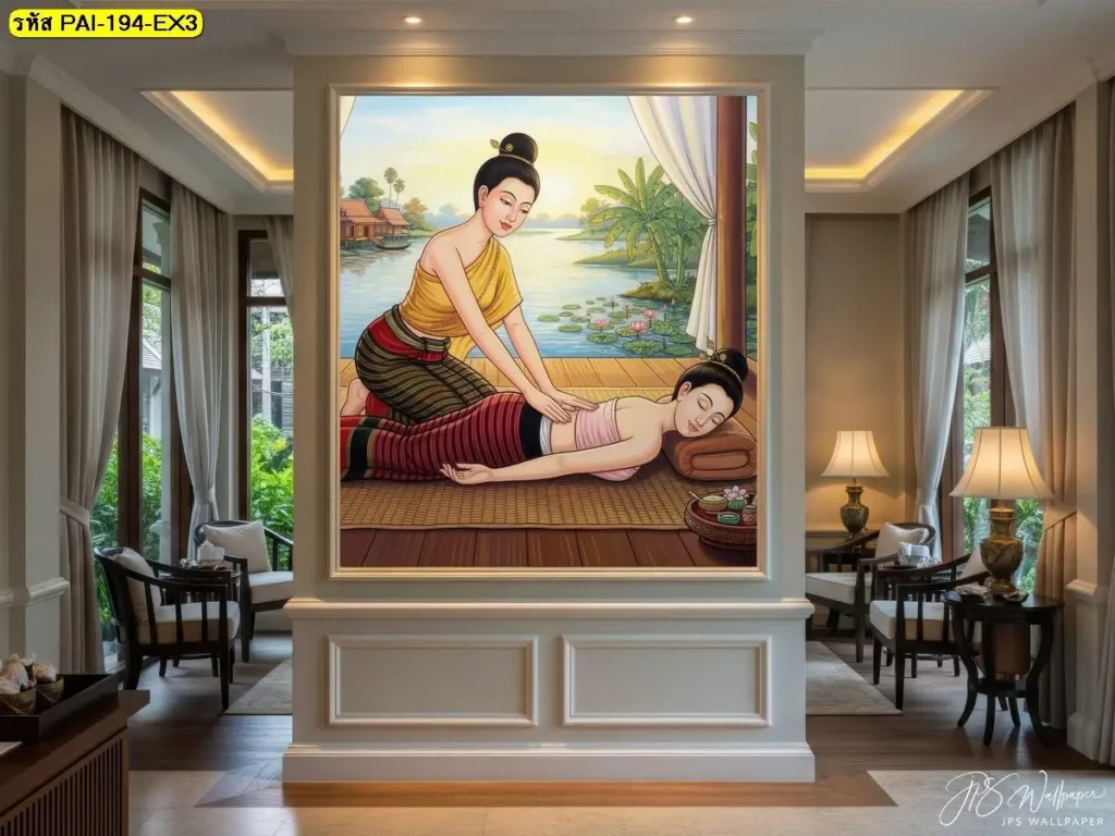 รูปภาพนวดไทยติดผนัง ท่านวดไทยท่านอนคว่ำ กดหลัง กดแนวหลังและเอว เหมาะกับร้านนวดแผนไทยและสปา