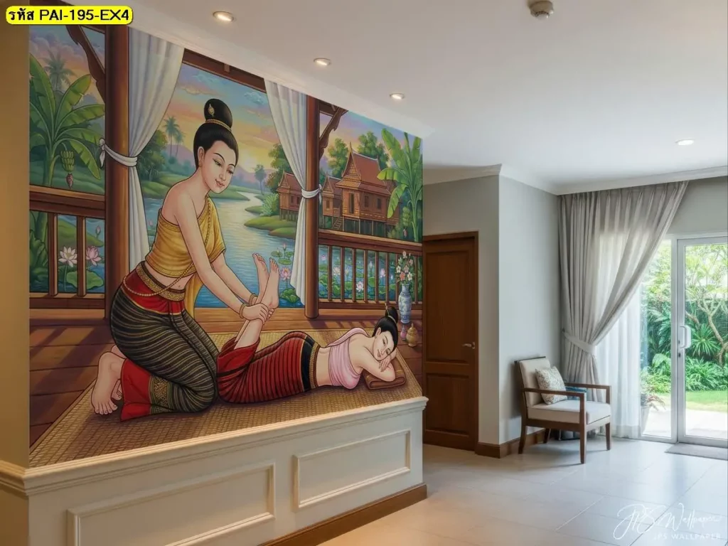 วอลเปเปอร์ห้องสปาไทย ท่านวดไทยท่านอนคว่ำ ดัดยืดขา ใช้แต่งผนังร้านนวดไทยให้สวยงาม อบอุ่น และน่าเข้าใช้บริการ