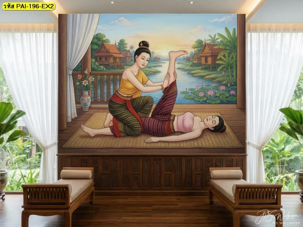 ภาพติดผนังนวดไทย ท่านวดไทยท่านอนคว่ำ ดัดยืดขา ช่วยเสริมบรรยากาศร้านนวดไทยและห้องสปาให้ดูมีเอกลักษณ์
