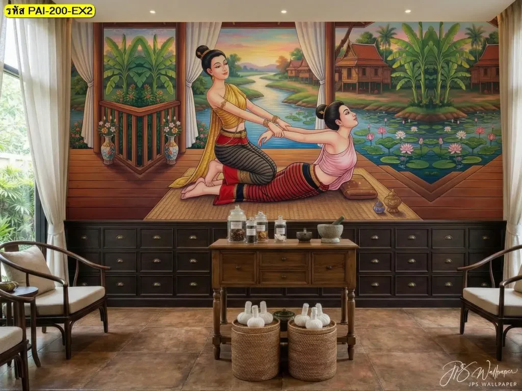 ภาพนวดไทยติดผนัง ท่านวดไทยท่านอนคว่ำ ดัดยืดแขน แอ่นหลัง เหมาะกับห้องนวดและโซนสปาไทย