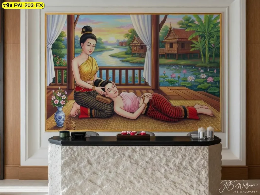 ภาพติดผนังลายนวดไทย ท่าคลายคอและบ่า สำหรับตกแต่งห้องนวดไทย ร้านสปา และพื้นที่ต้อนรับลูกค้า