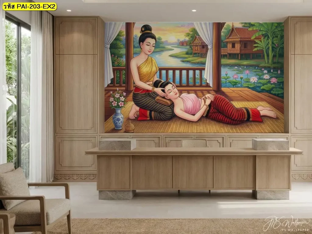 วอลเปเปอร์ห้องนวดไทย ท่าคลายคอและบ่า ช่วยเสริมบรรยากาศผ่อนคลายให้ร้านนวดไทยและสปาไทย