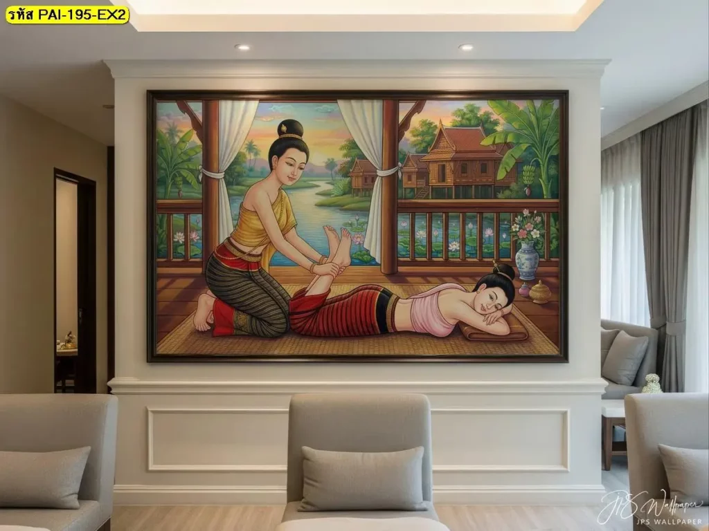 ภาพติดผนังนวดไทย ท่านวดไทยท่านอนหงาย ยืดขาตรง ช่วยเสริมบรรยากาศร้านนวดไทยและสปาไทยให้ดูอบอุ่นน่าเข้าใช้บริการ