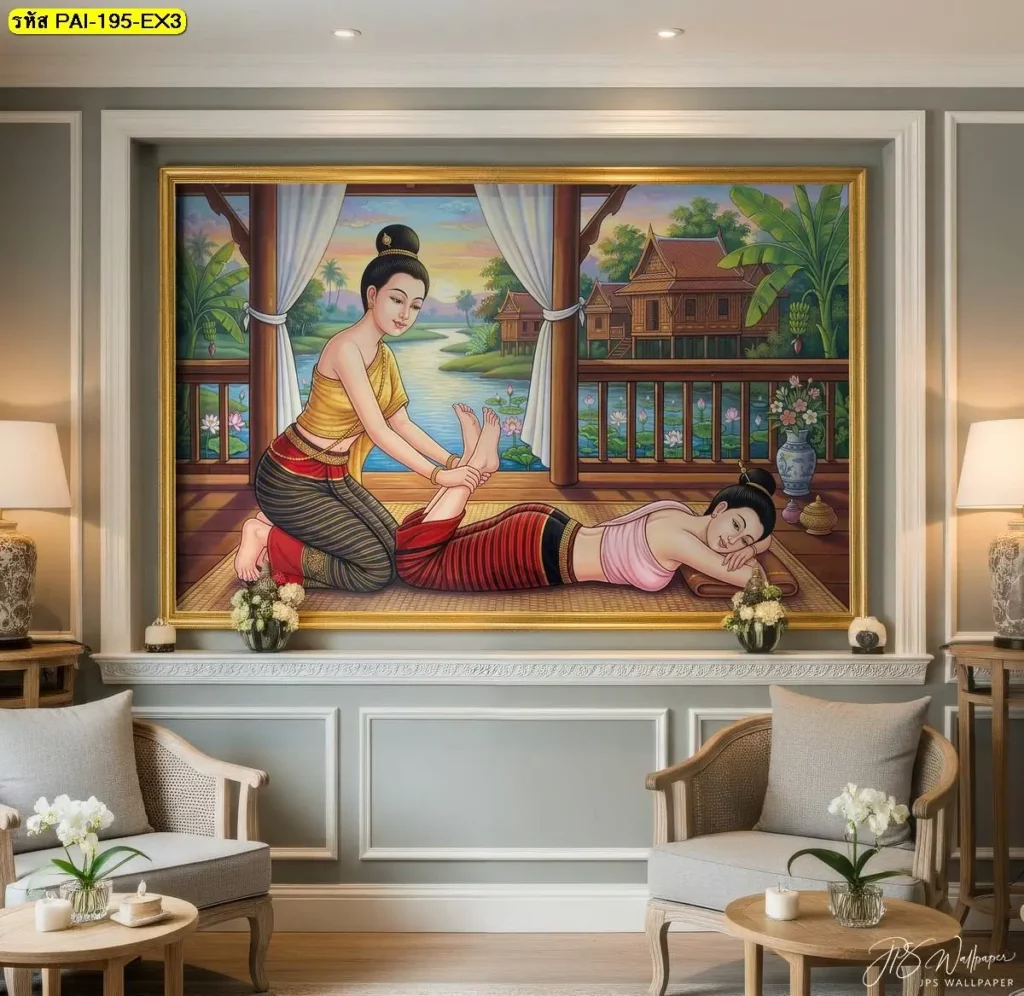 ภาพติดผนังลายนวดไทย ท่านวดไทยท่านอนหงาย ยืดขาตรง เหมาะกับตกแต่งร้านนวดและวอลเปเปอร์ห้องสปาไทยให้ดูผ่อนคลาย