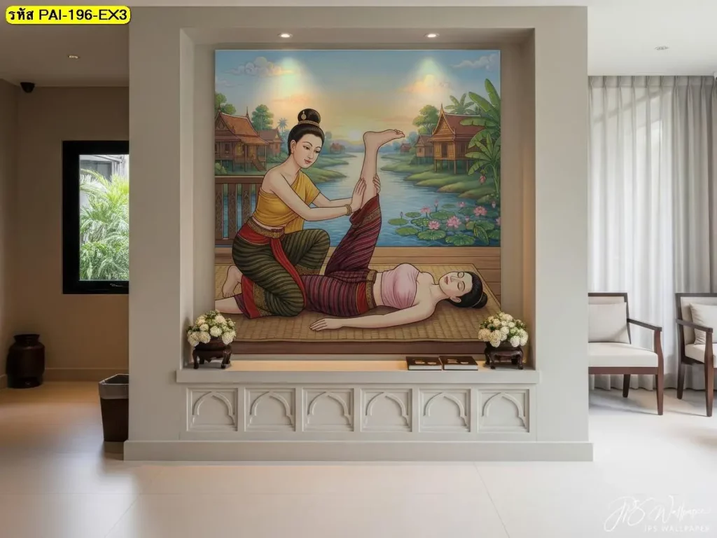 วอลเปเปอร์ห้องสปาไทย ท่านวดไทยท่านอนหงาย ยืดขาตรง ใช้แต่งผนังร้านนวดให้มีเอกลักษณ์และสื่อถึงการนวดไทยชัดเจน