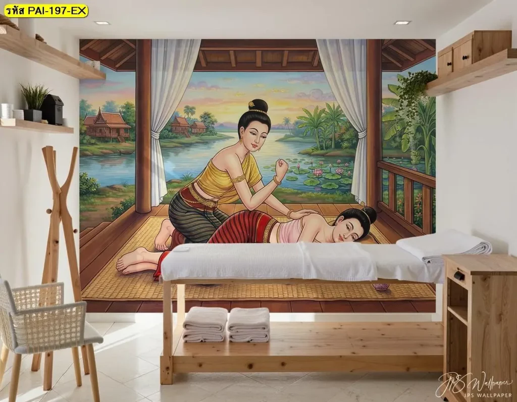 ภาพติดผนังลายนวดไทย ท่านวดตะแคง กดสะโพก สำหรับตกแต่งห้องนวดไทยและร้านสปาไทย