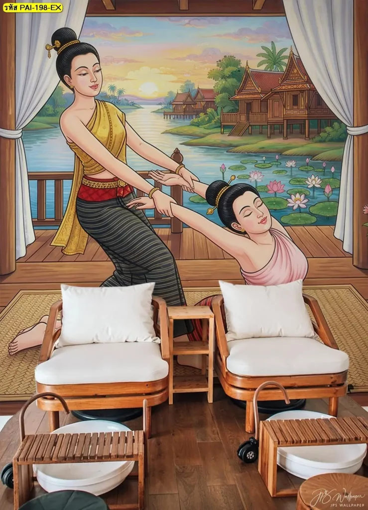 วอลเปเปอร์ลายไทยสปา ท่านวดไทยท่านอนคว่ำ ดัดยืดแขน แอ่นหลัง เหมาะกับตกแต่งห้องนวดไทย
