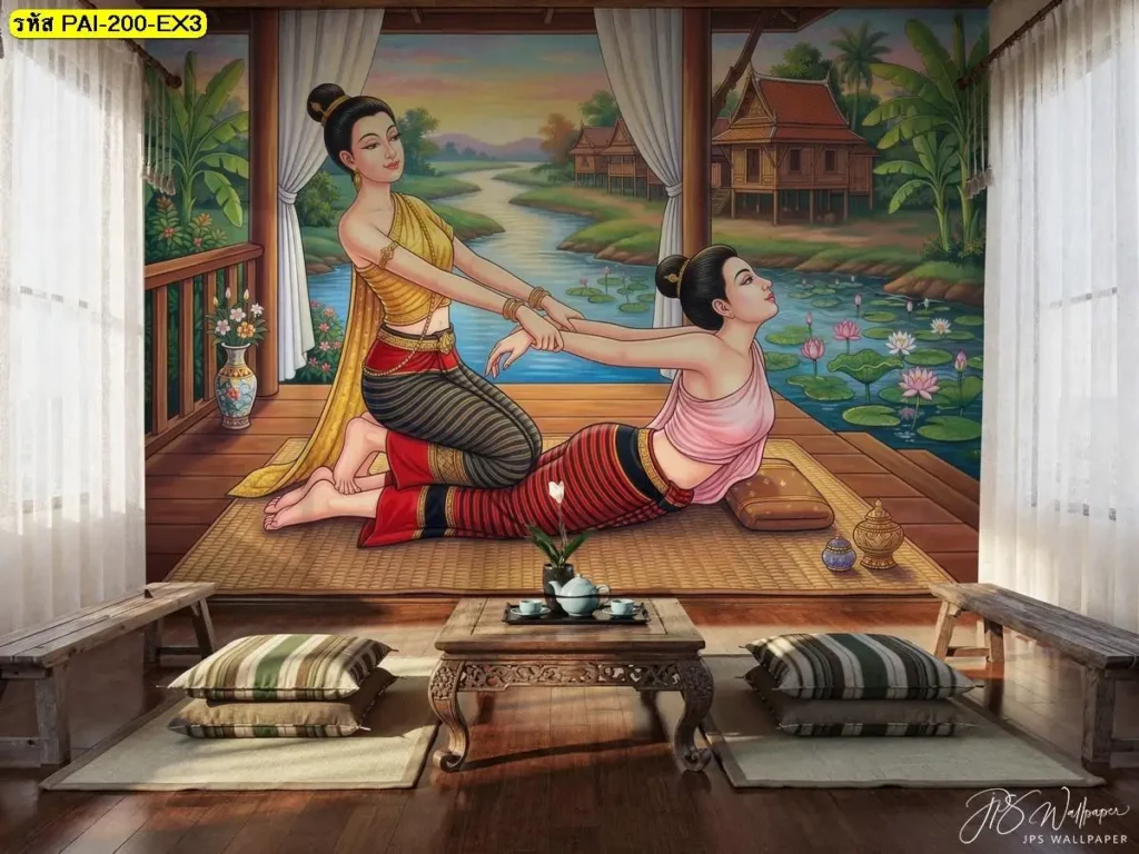 วอลเปเปอร์นวดไทย ท่านวดไทยท่านอนคว่ำ ดัดยืดแขน แอ่นหลัง สำหรับตกแต่งร้านนวดไทยและสปา