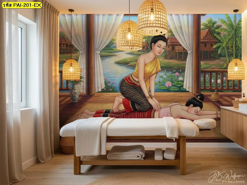 วอลเปเปอร์ลายนวดไทย ท่านวดไทยท่านอนคว่ำ กดหลัง กดแนวหลังและเอว สำหรับตกแต่งร้านนวดไทยและสปาไทย