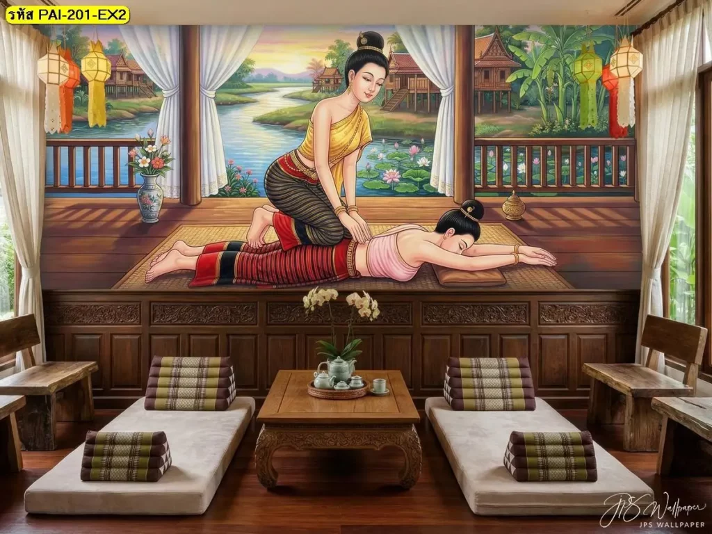 วอลเปเปอร์ลายนวดไทย ท่านวดไทยท่านอนคว่ำ กดหลัง กดแนวหลังและเอว เพิ่มเอกลักษณ์ไทยให้ผนังร้านสปา