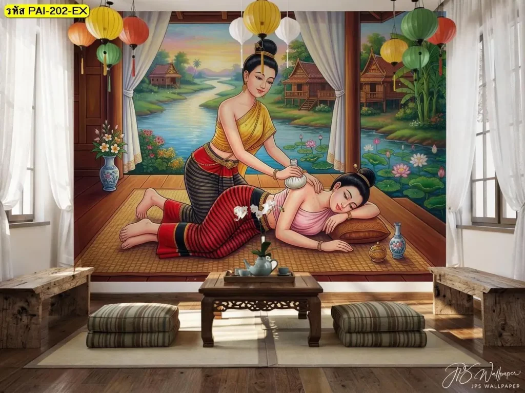 ร้านขายวอลเปเปอร์ ท่าประคบสมุนไพร บริเวณบ่าและไหล่ ดีไซน์ภาพนวดไทยสำหรับตกแต่งร้าน