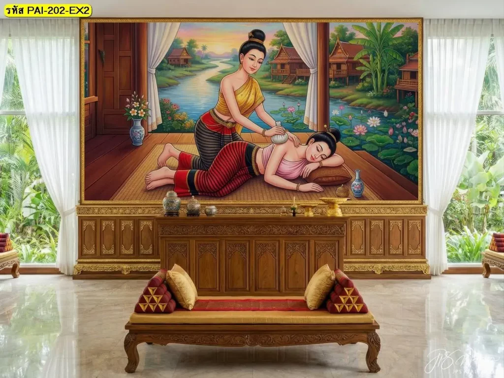 ภาพติดผนังสปาไทย ท่าประคบสมุนไพร บริเวณบ่าและไหล่ ช่วยเสริมบรรยากาศผ่อนคลายในร้านนวด