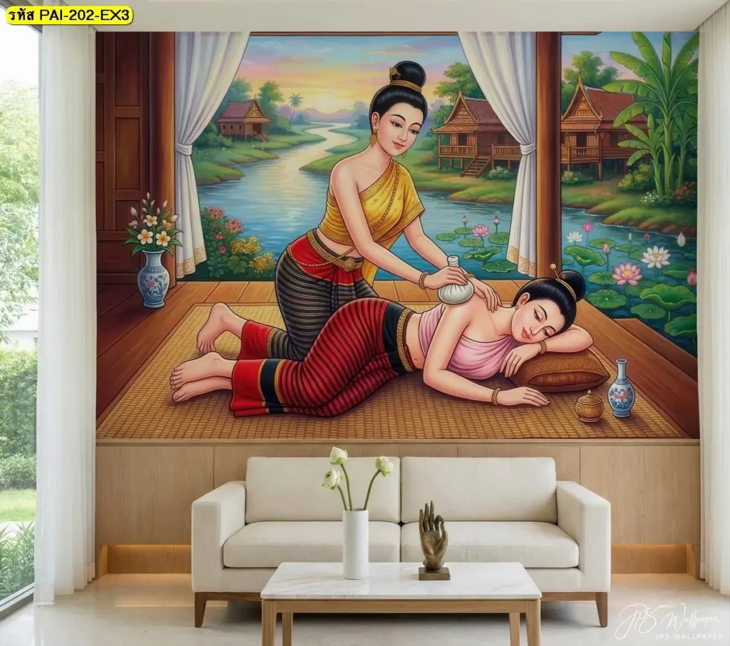 วอลเปเปอร์ลายนวดไทย ท่าประคบสมุนไพร บริเวณบ่าและไหล่ สำหรับตกแต่งผนังร้านนวดไทยและสปาไทย